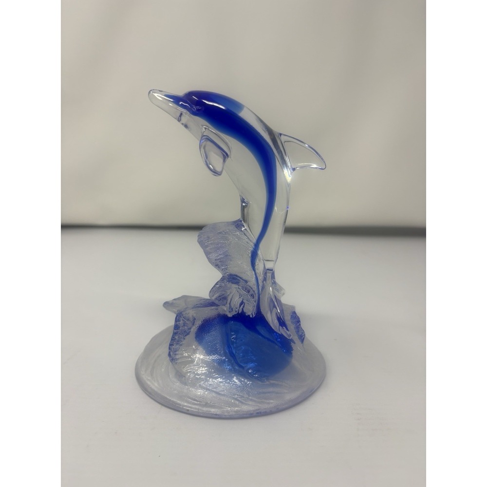 Vintage Art Glass Crystal Turquoise Blue DOLPHIN STATUE 6" Figurine Hand Blown